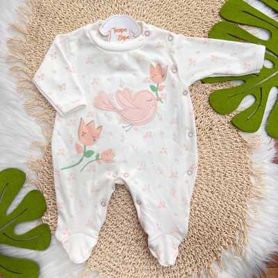 Macacão Malha Trape Zape - Passarinha com Flores - Off White e Rose